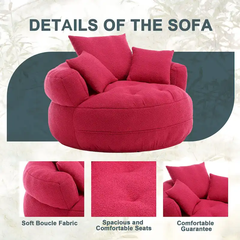 Boucle Upholstered Tufted Barrel Accent Living Room Chair With Toss Pillows