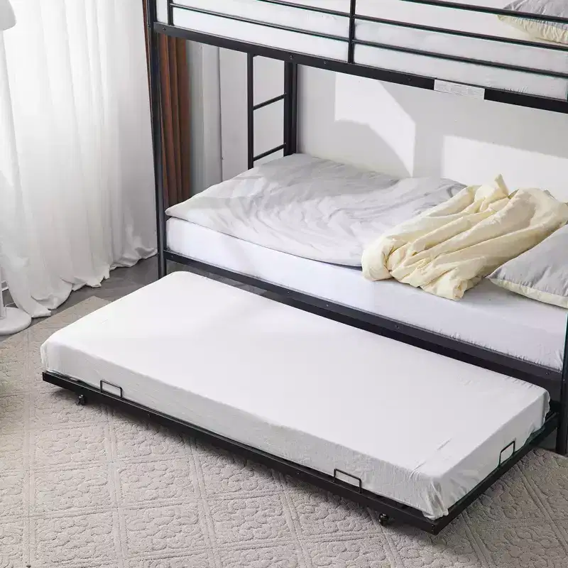 Karl Home Blcak Twin over Twin Bunk Bed with Trundle, Heavy Duty Metal Bed Frame with Safety Rail Side Ladders