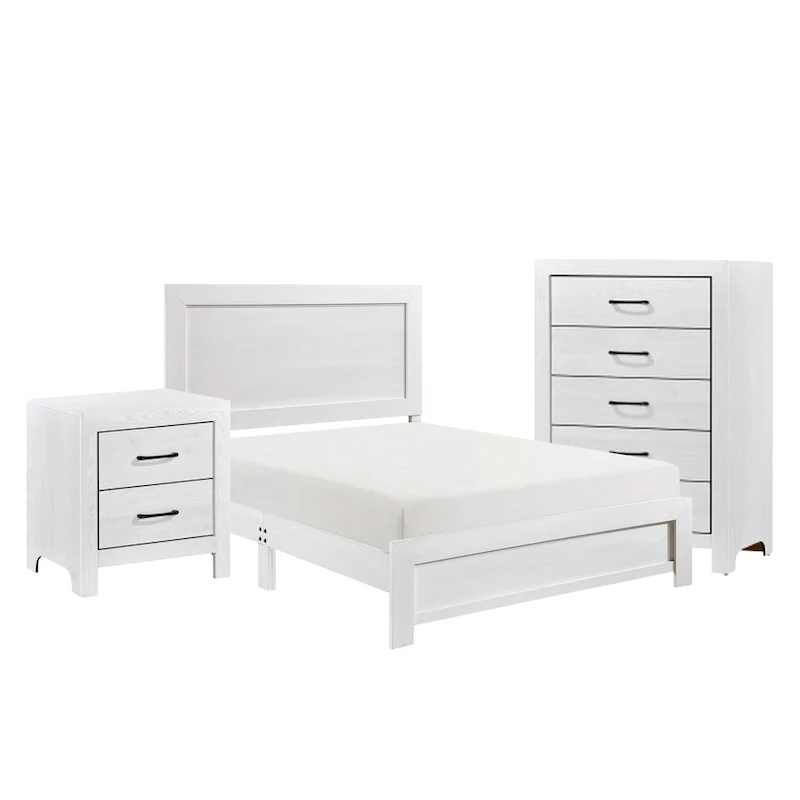 Ko Three Piece Full Size Bedroom Set, Panel Detailings, Black Metal Handles, White