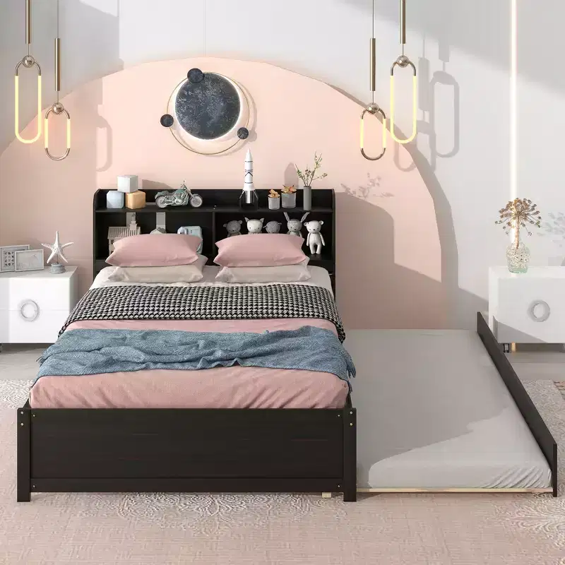 MAYEERTY Full Size Storage Headboard Bed with Pull Out Trundle Solid Pine Wood Bed Frame for Small Space