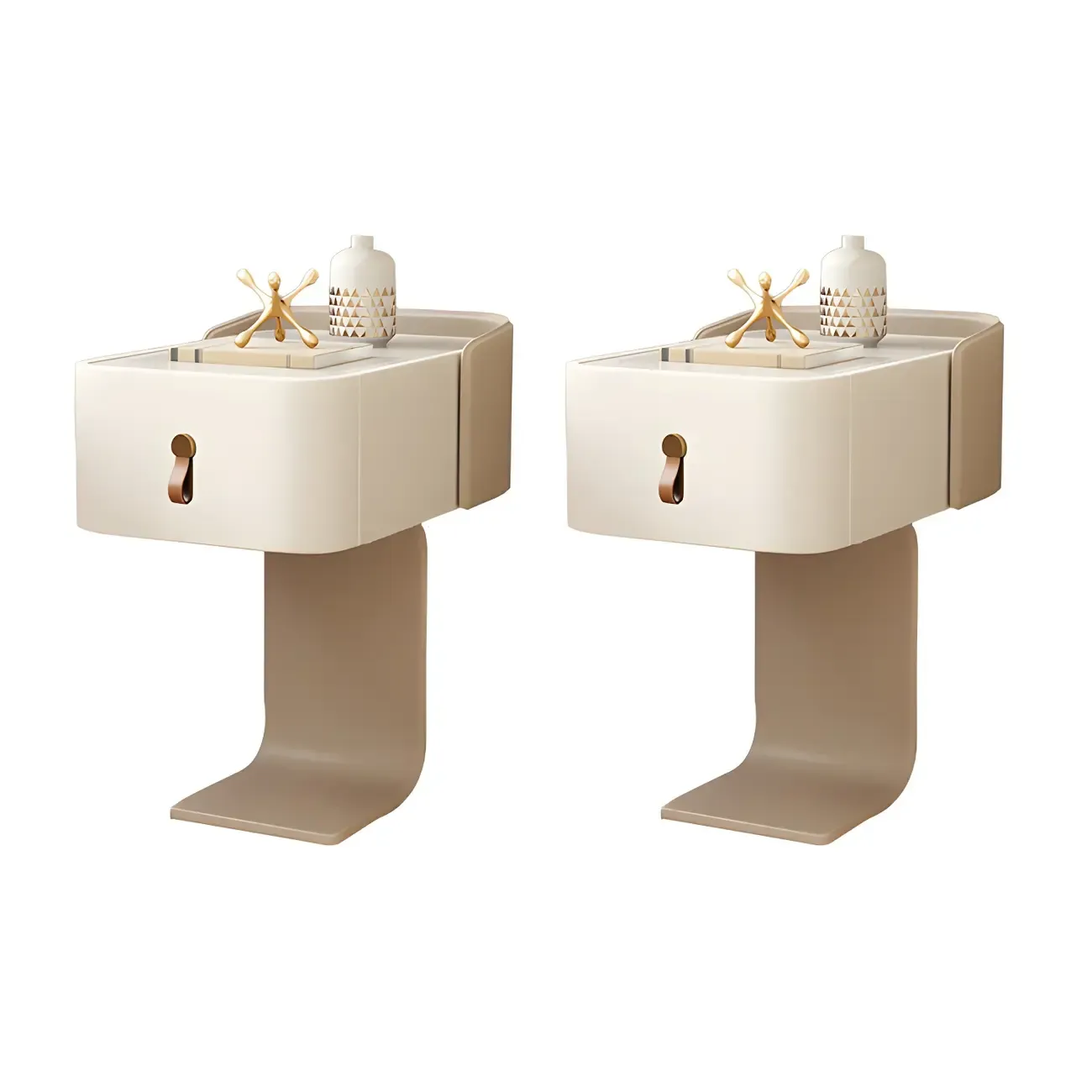 Khaki Stone Top Wood C-Shaped Nightstand with Drawer