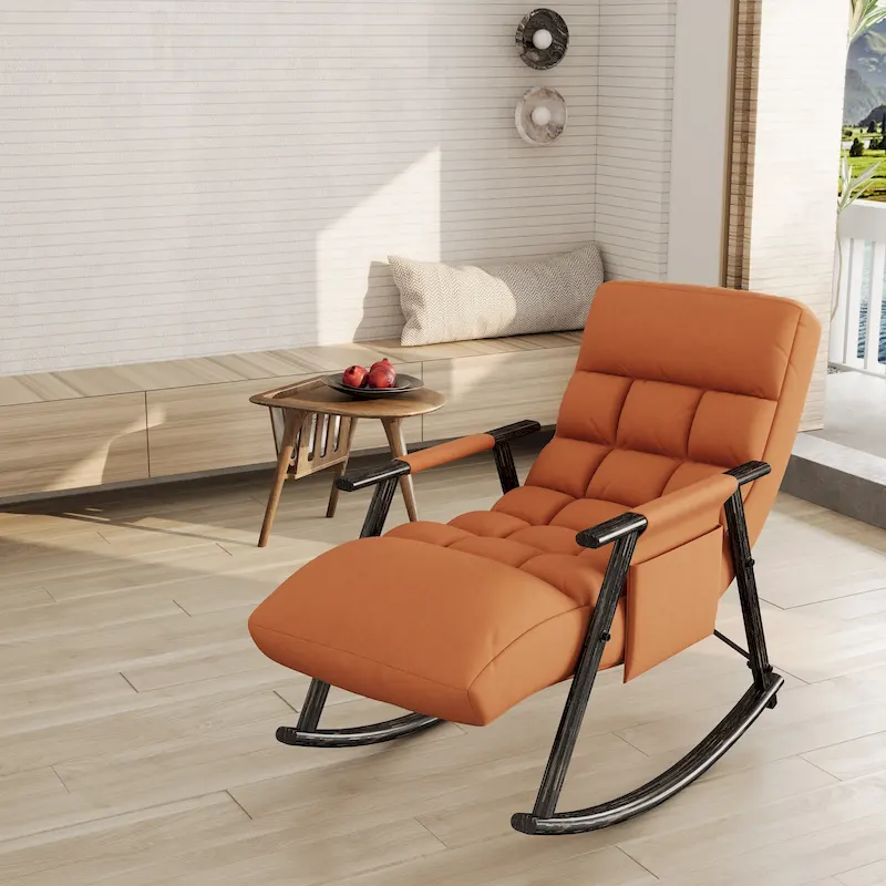 Casual folding rocking chair upholstered, lounge rocking chair adjustable high back and foot rest