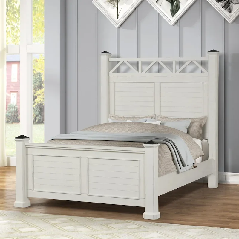 Antique White Finish Wood Panel Bed