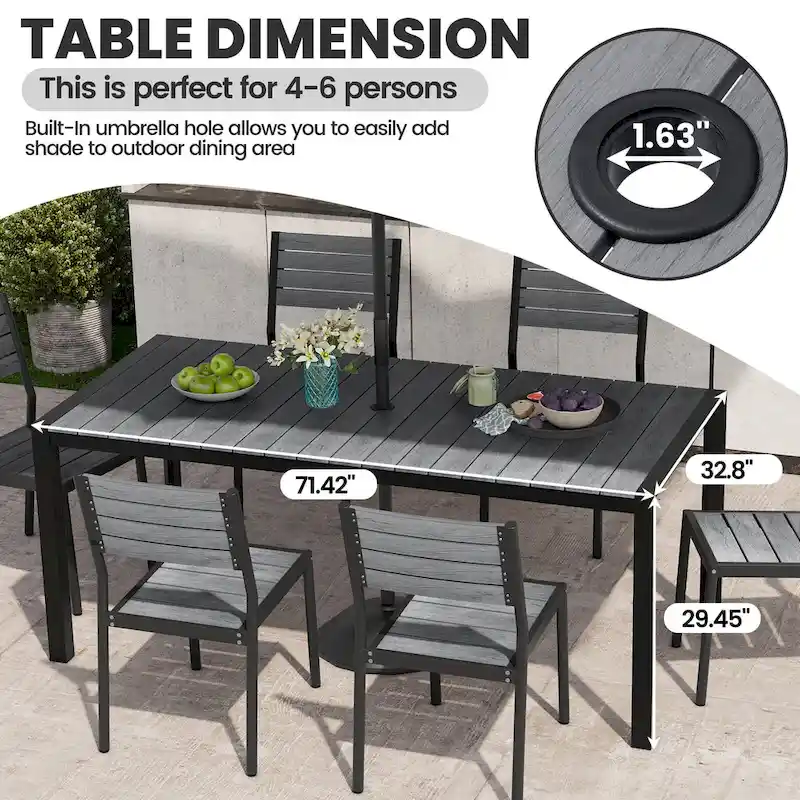 7-Piece Patio Dining Set Aluminum Dining Table with Umbrella Hole and Stackable Chairs