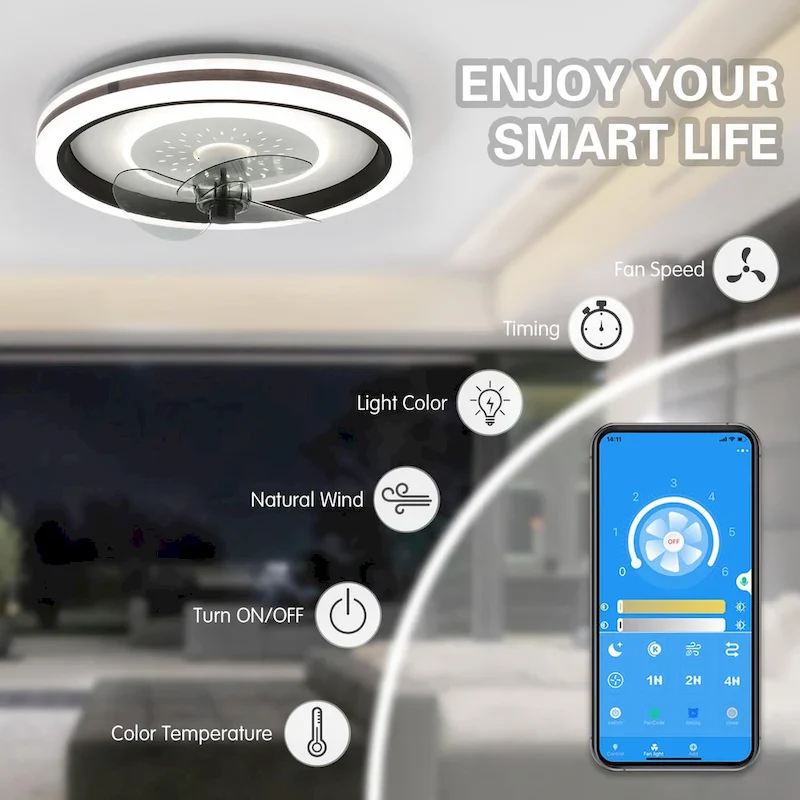 Cusp Barn 19-inch Modern Low Profile Smart Ceiling Fan with Lights and APP Remote Control Flush Mount Dimmable LED Ceiling Light