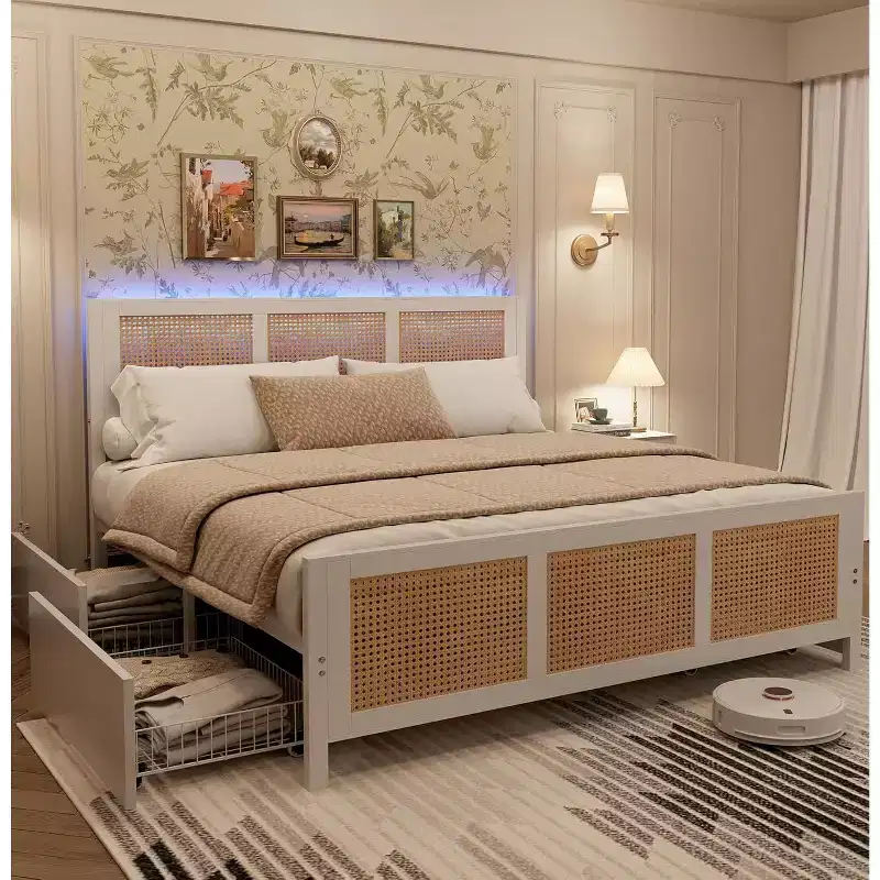 COZONY King Size Bed Frame with Headboard, Bohemian Rattan Platform Bed with Storage Drawers and LED Lighting, Complete Support System