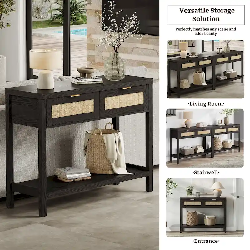 SICOTAS Rattan Console Table with 2 Drawers and Shelves - 30 x 39.4 x 13.8