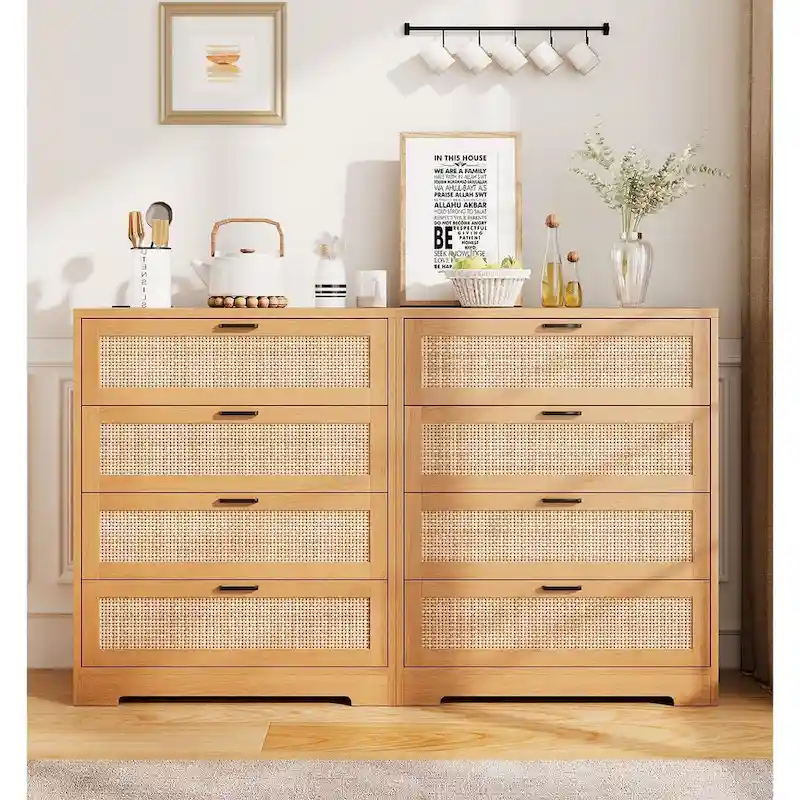 Wood Rattan 4-Drawer Dresser with Power Outlets (31.49