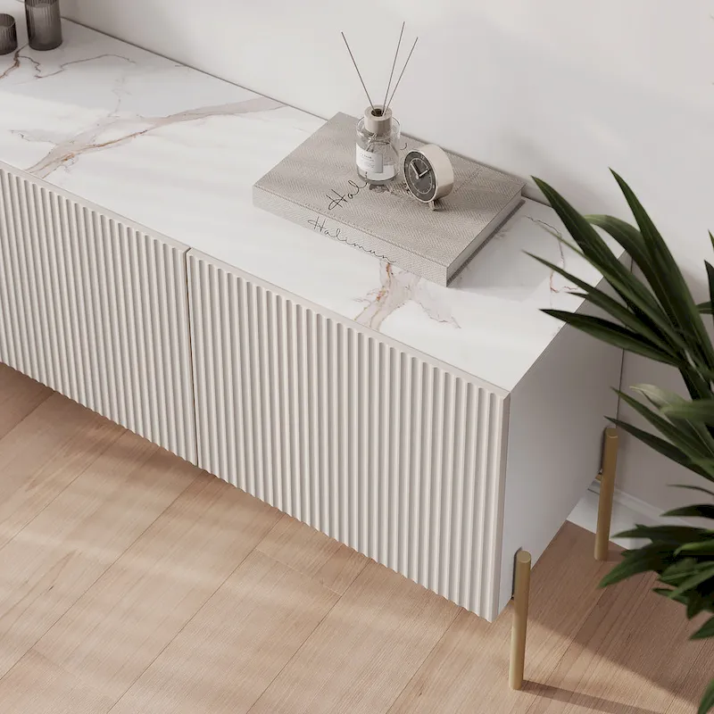 Living Skog Selline Beige TV Stand Console Fits TV's up to 65 in. with Metal Legs in Art Deco Design