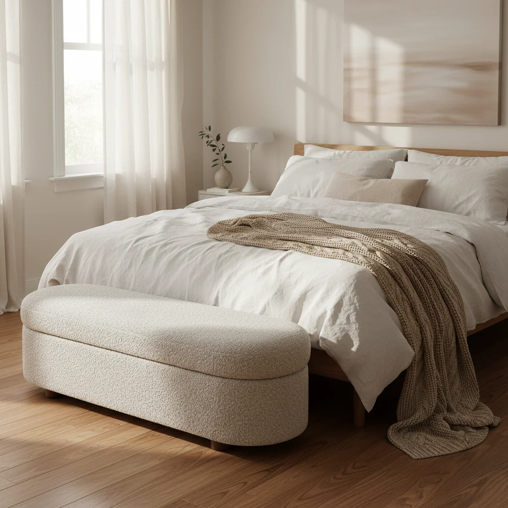 Upholstered Hinged Storage Bench in Cotton Ball Boucle - 16 x 54 x 20