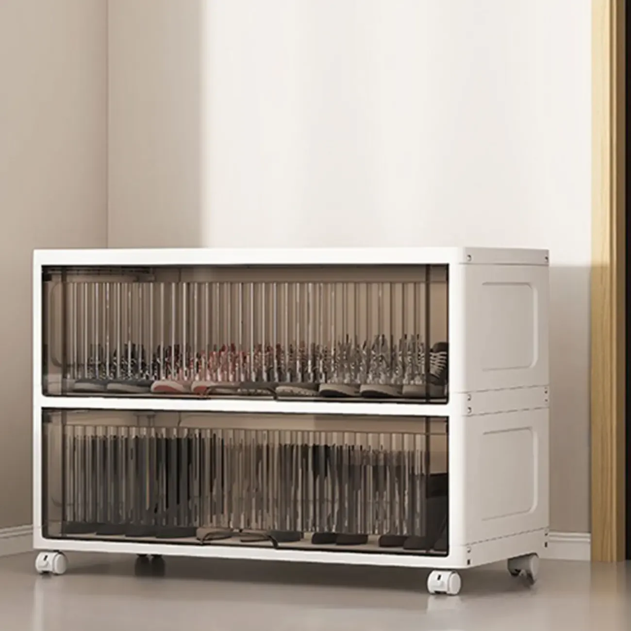 Hallway White Plastic Drop-Front Shoe Cabinet with Casters
