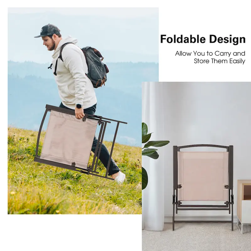 2 pcs Patio Folding Sling Dining Chairs Armrests Steel Frame