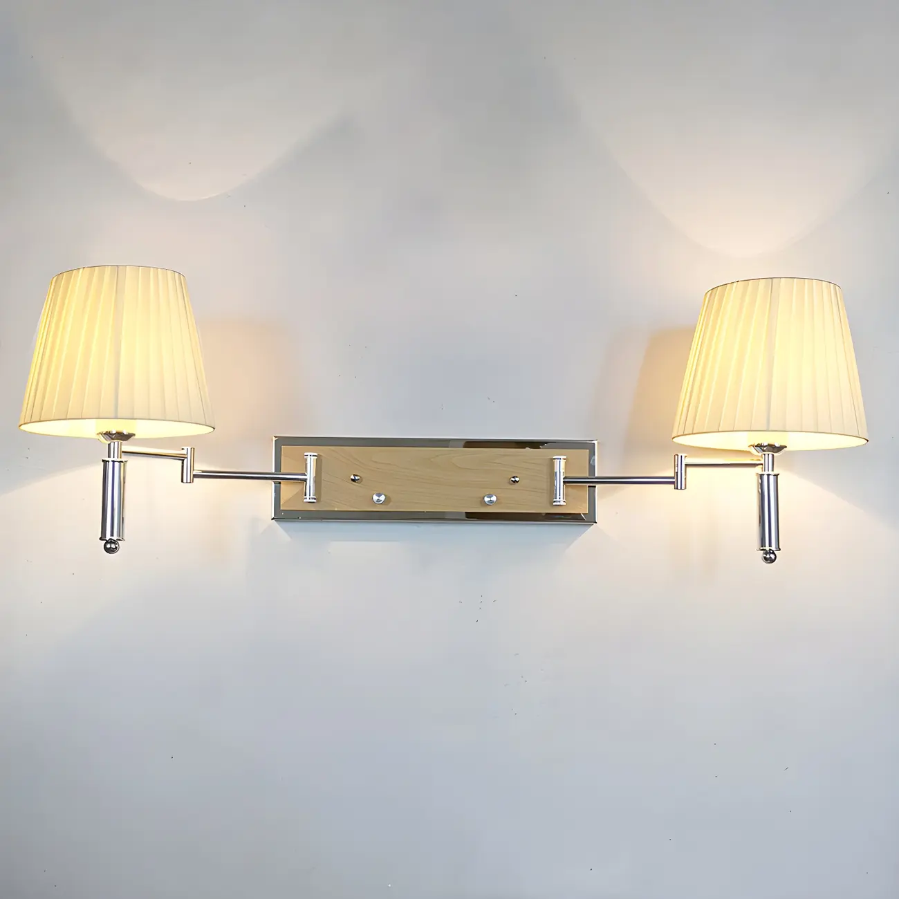 2-Light Silver Swing Arm Fabric Shade Wall Light