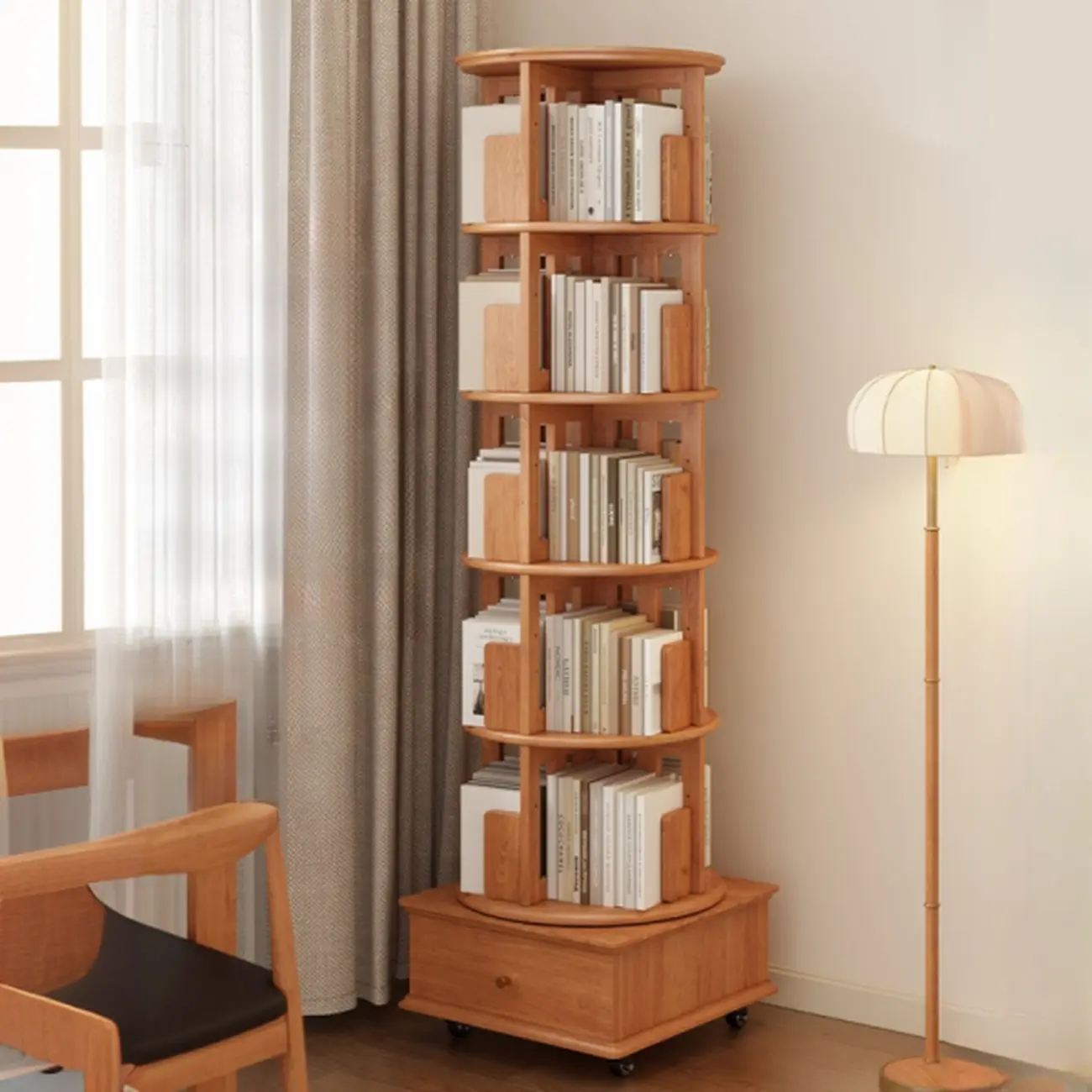 Cylindrical Movable 360° Rotating Wooden Bookshelf with Drawer