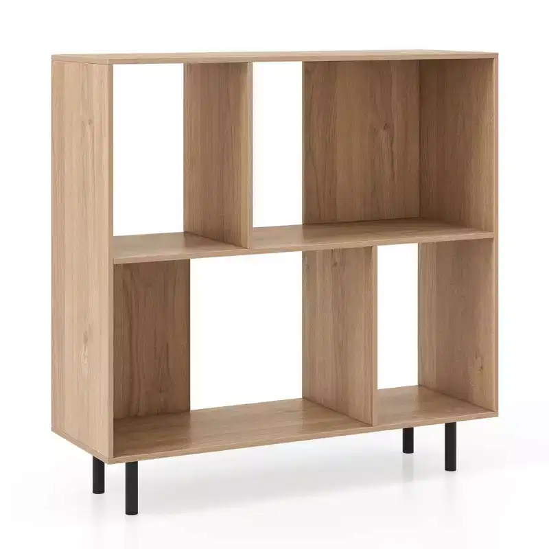Black/Natural/White Mid-Century Modern 4-Cube Open Bookshelf, Single