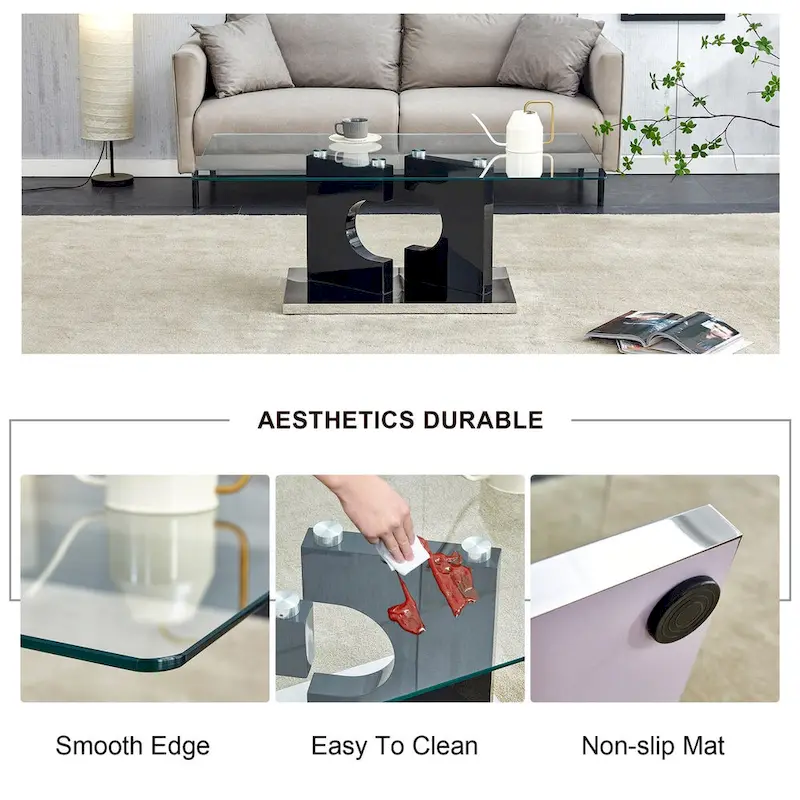A rectangular modern and fashionable coffee table with tempered glass tabletop and white MDF legs