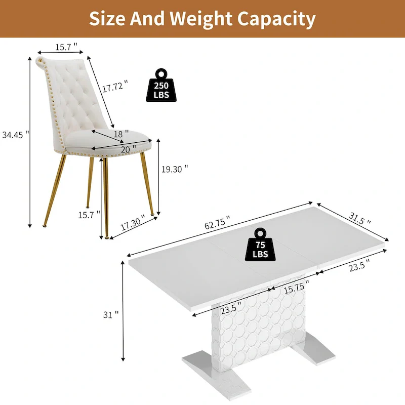 7-Piece Clihome High-gloss Extendable Table Velvet Chair Dining Set