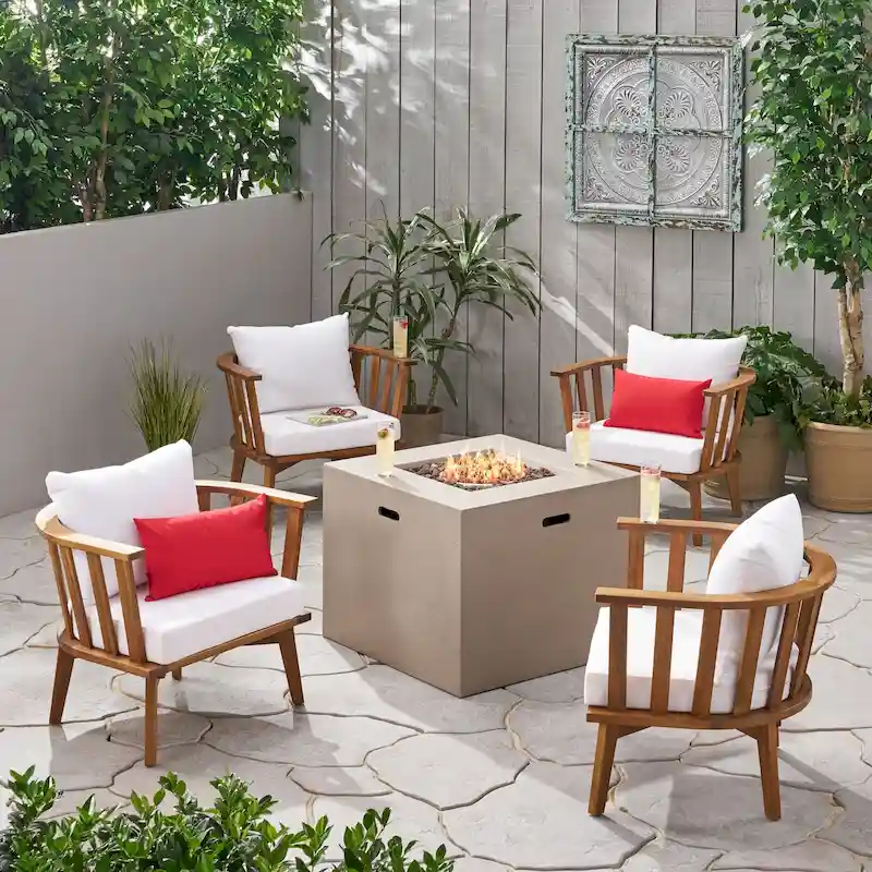 Ridgeview Outdoor 4 Seater Acacia Wood Club Chairs and Fire Pit Set by Christopher Knight Home