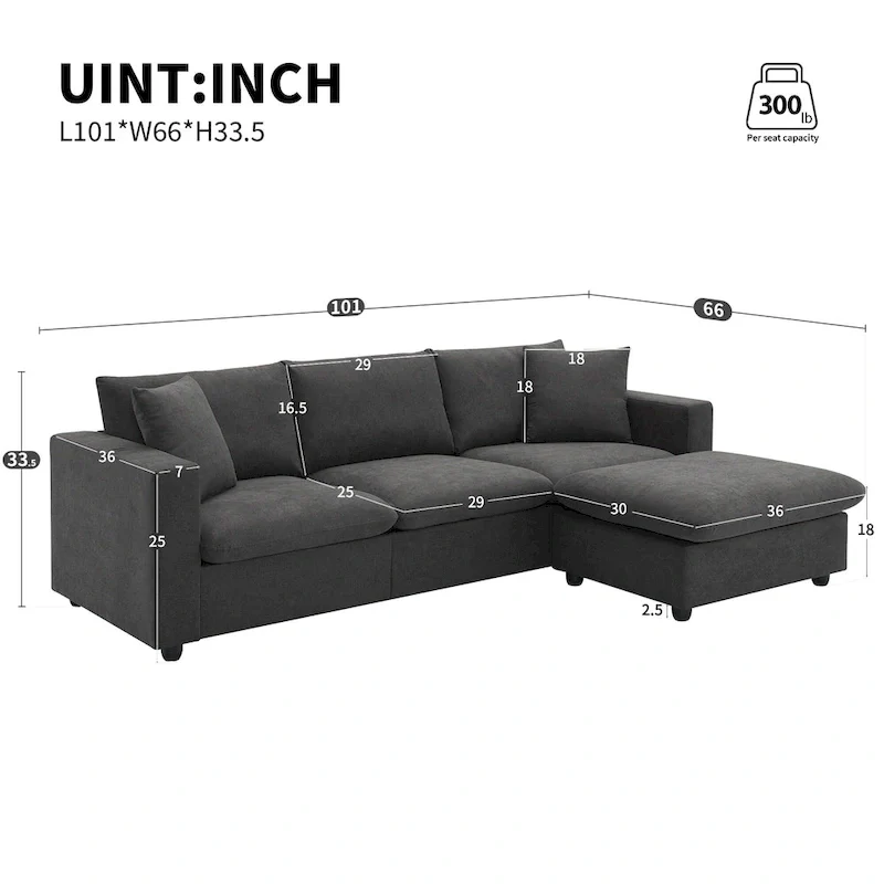 4-Seat Polyester L-Shaped Sectional Sofa with Convertible Ottoman