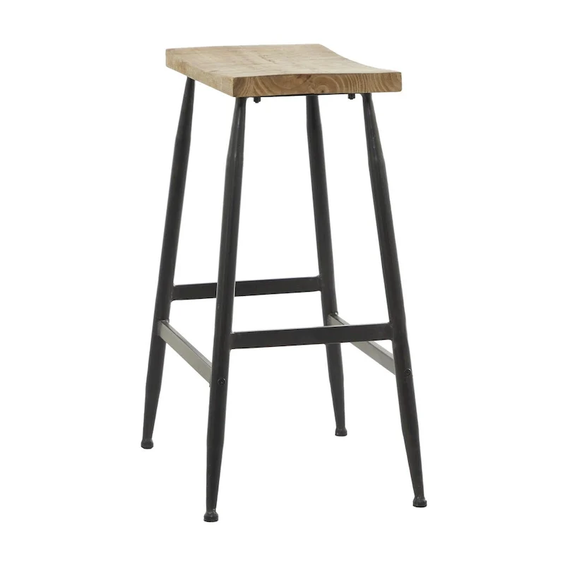 Metal Counter Stool with Brown Wood Top - Black