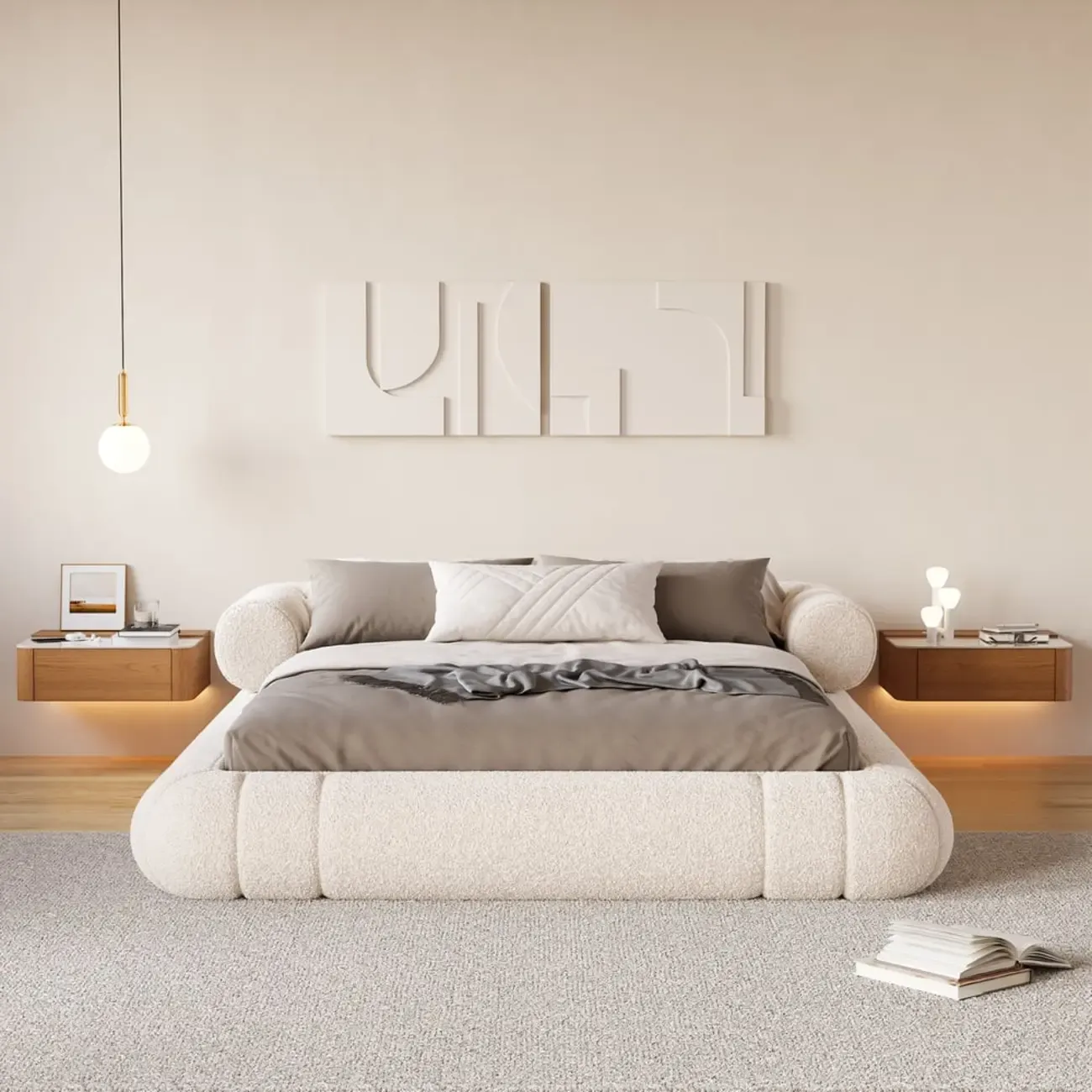 Wireless Cherry Wood Floating Nightstand with Drawers & Light