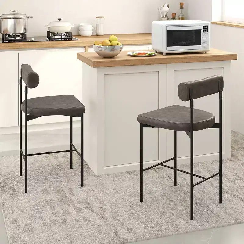 Costway 26 Upholstered Bar Stools Set of 4 with Padded Cushion & Backrest Footrest Brown/Gray