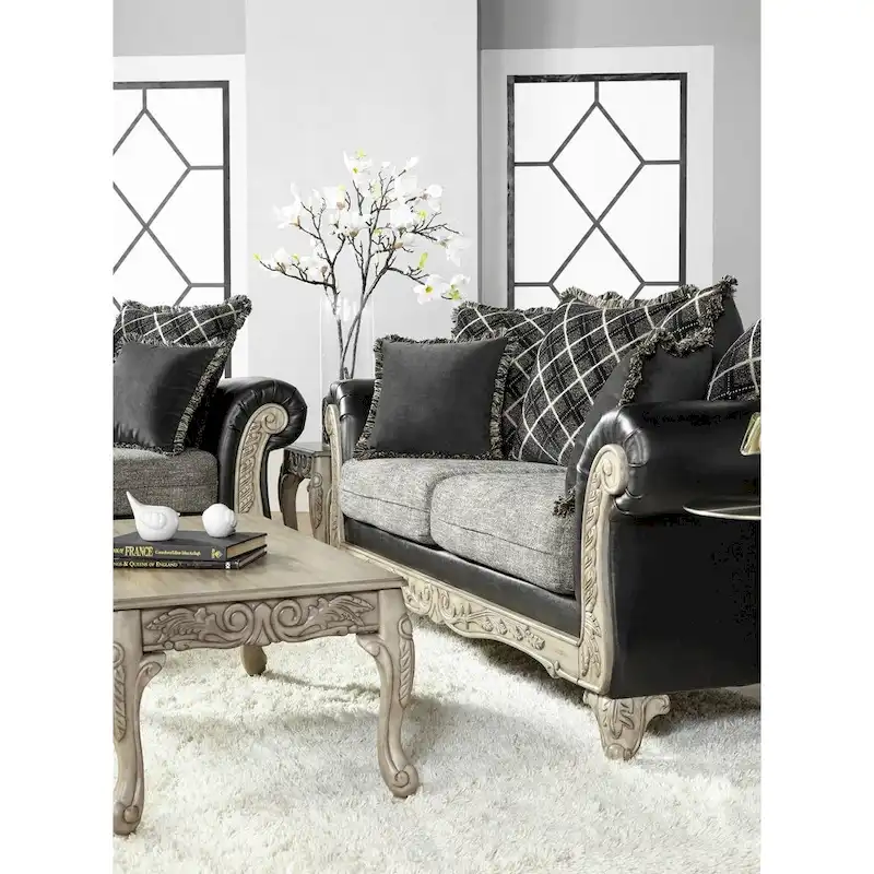 Roundhill Furniture San Marino 2-Tone Fabric Wooden Frame Sofa and Loveseat with 3 Tables Set in Ebony