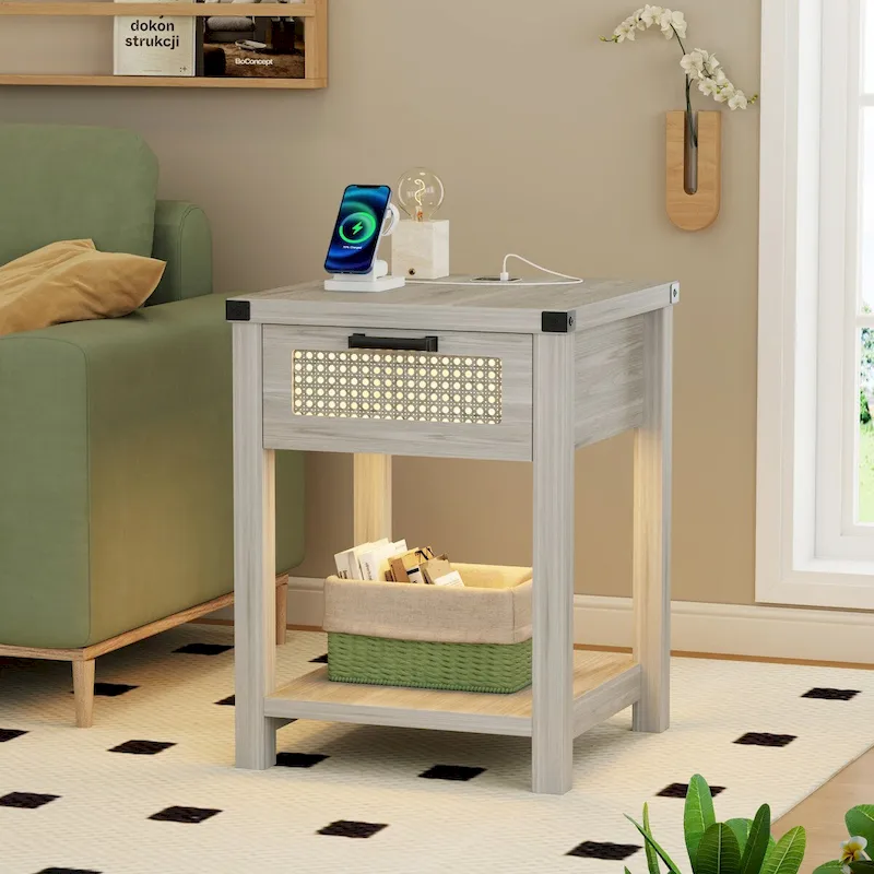 End Table - LED Light, USB & Type-C Charging, Motion Sensor, Rattan Drawer, Farmhouse, 150 lbs