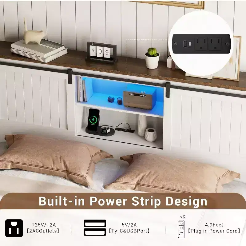 Bed Frame with LED Lighting and Charging Station