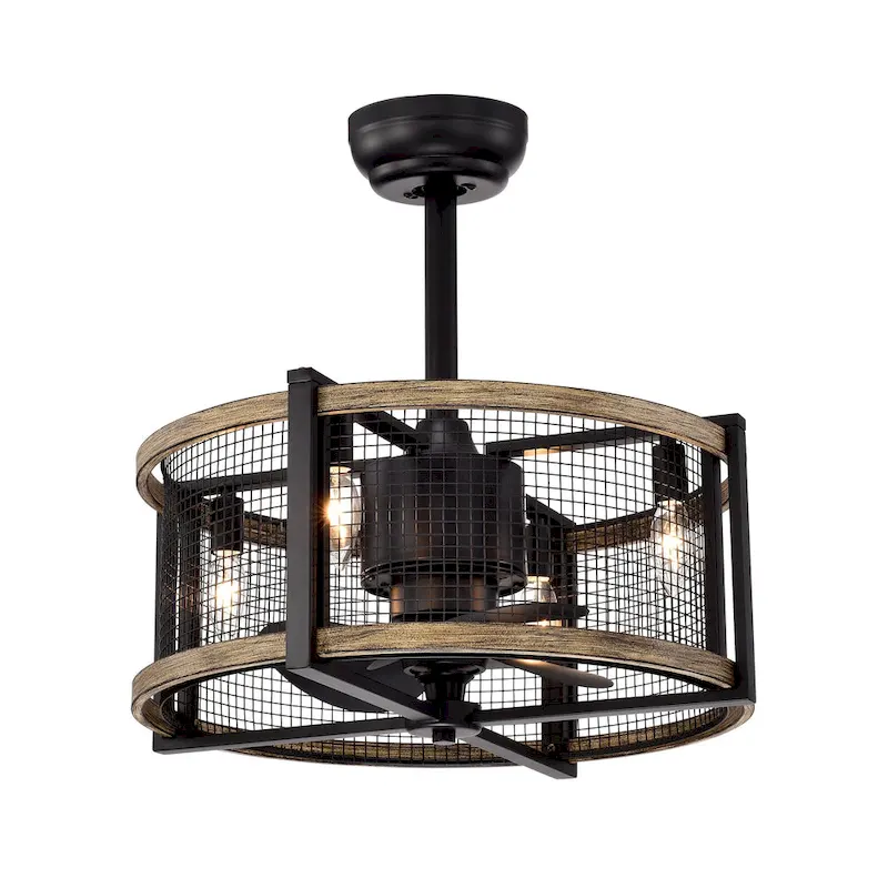 Blane Black/Wood Grain Metal 4-Light Ceiling Fan Chandelier w/ Remote