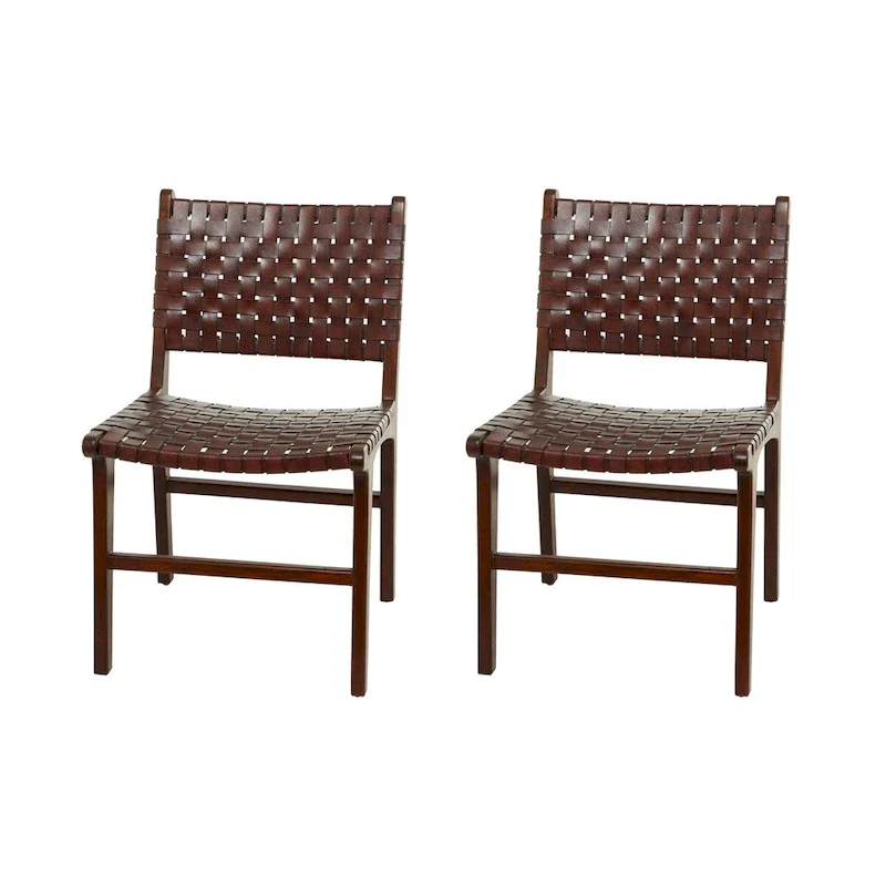 Woven Leather Dining Chairs with Teak Wood Frame - Set of 2