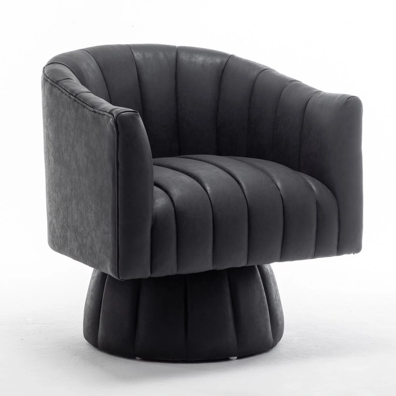 SEYNAR Mid-Century Swivel PU Leather Tufted Round Accent Barrel Chair