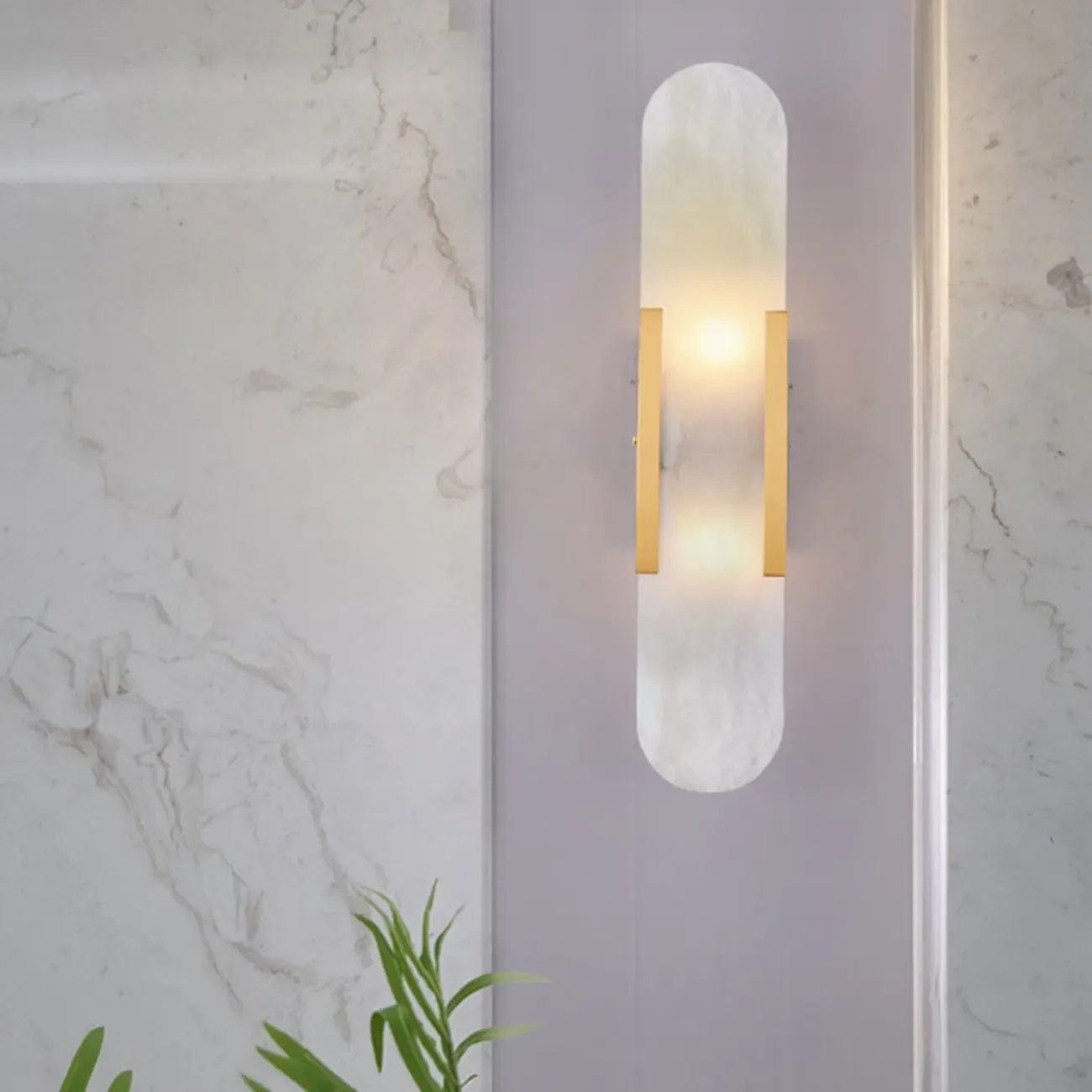 Modern Brass Oval Wall Light with Stone Chalk Shade