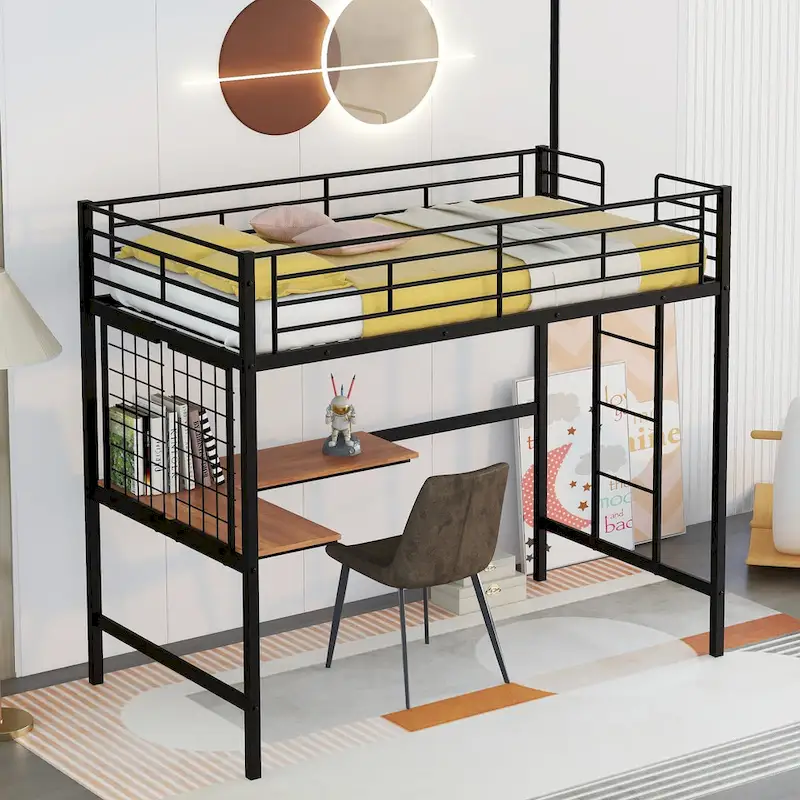 Black Twin Size Metal Loft Bed with Desk, Ladder, and Metal Grid for Kids