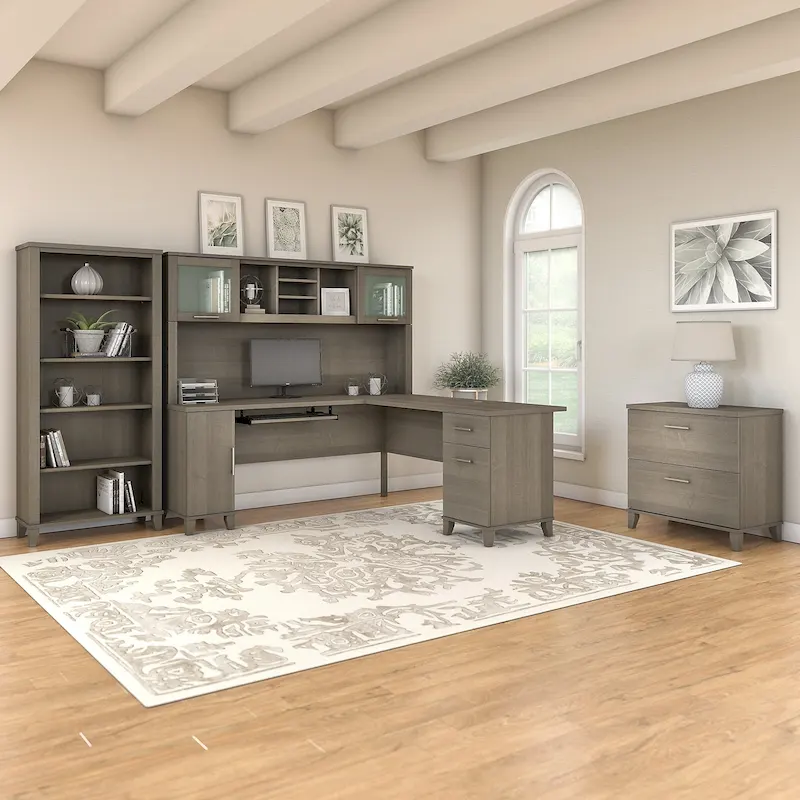 Somerset 72W L Shaped Desk with Hutch, Cabinet and Bookcase in Gray
