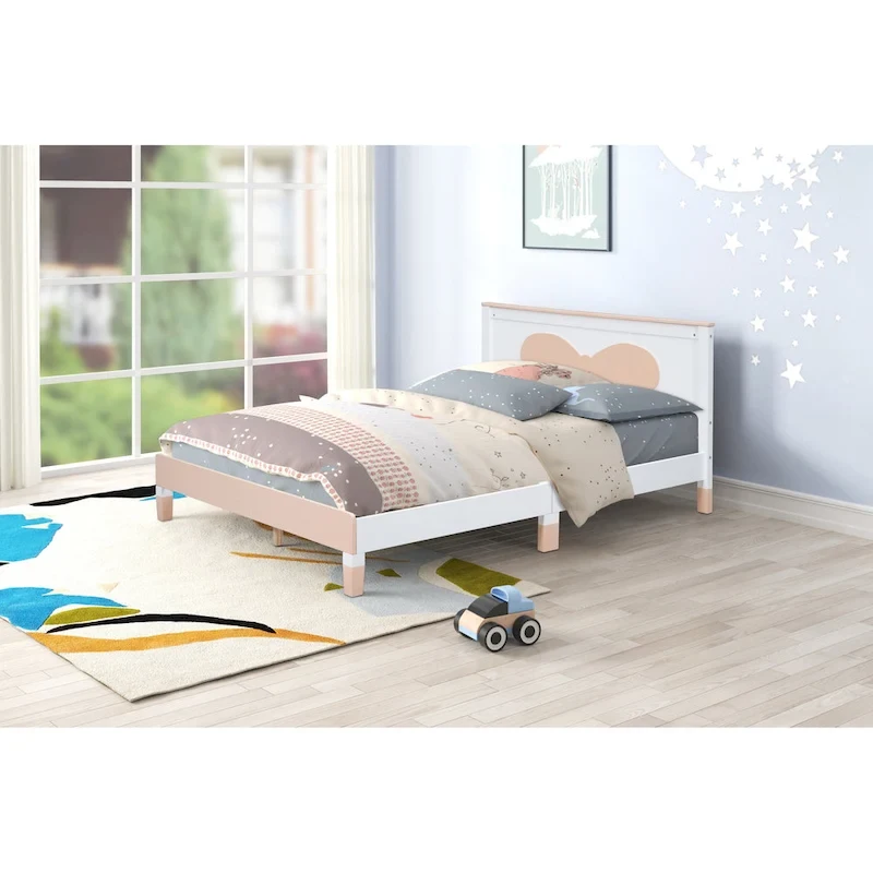 Queen Size Wood Platform Bed with Bow-shaped Pattern Headboard for Kids for Bedroom