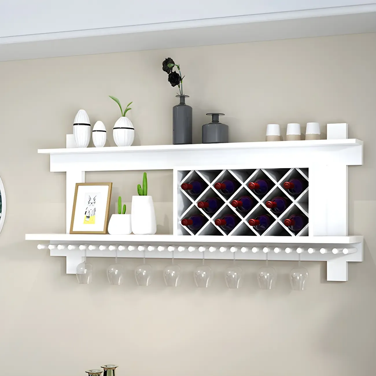Pine Wooden Wall-Mounted Display Open Wine Bottle & Glass Rack