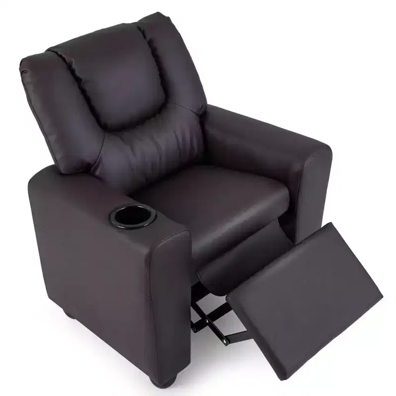 Kids Recliner Chair with Cup Holder – Beige / Black / Brown / Pink, Push-Back Style, 1-Seat