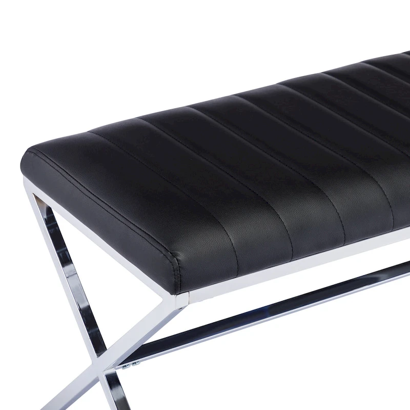 Tufted Faux Leather 46.5 Length Upholstered Dining Bench with Metal X Legs