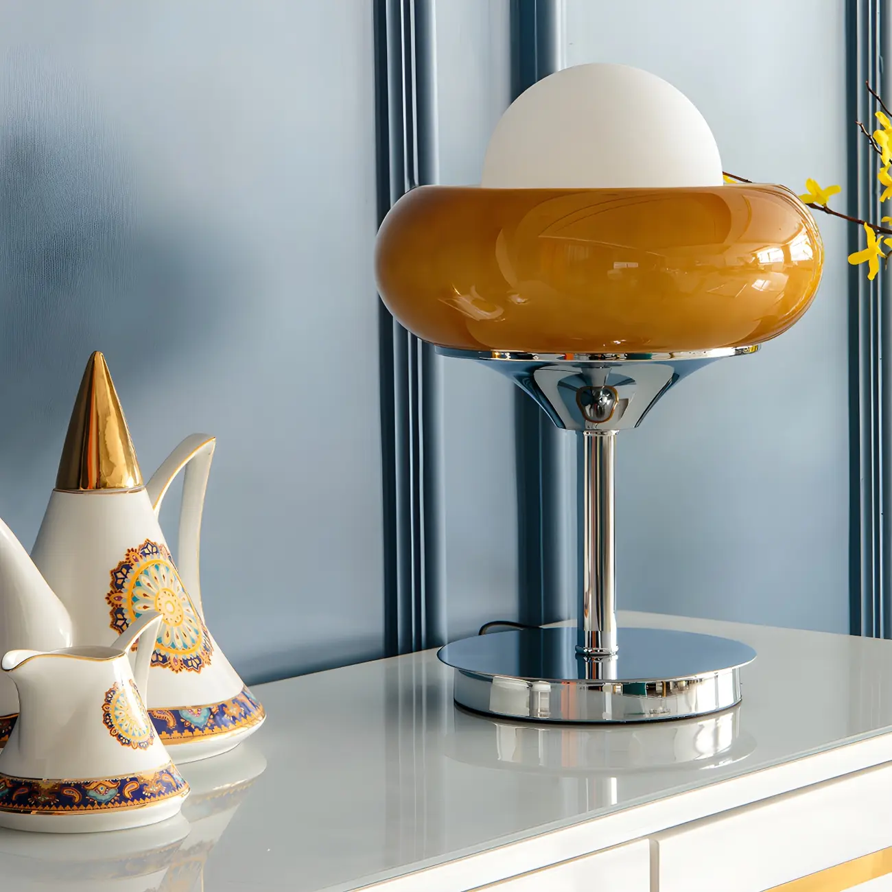 Yellow Egg Tart Globe Glass Silver Table Lamp