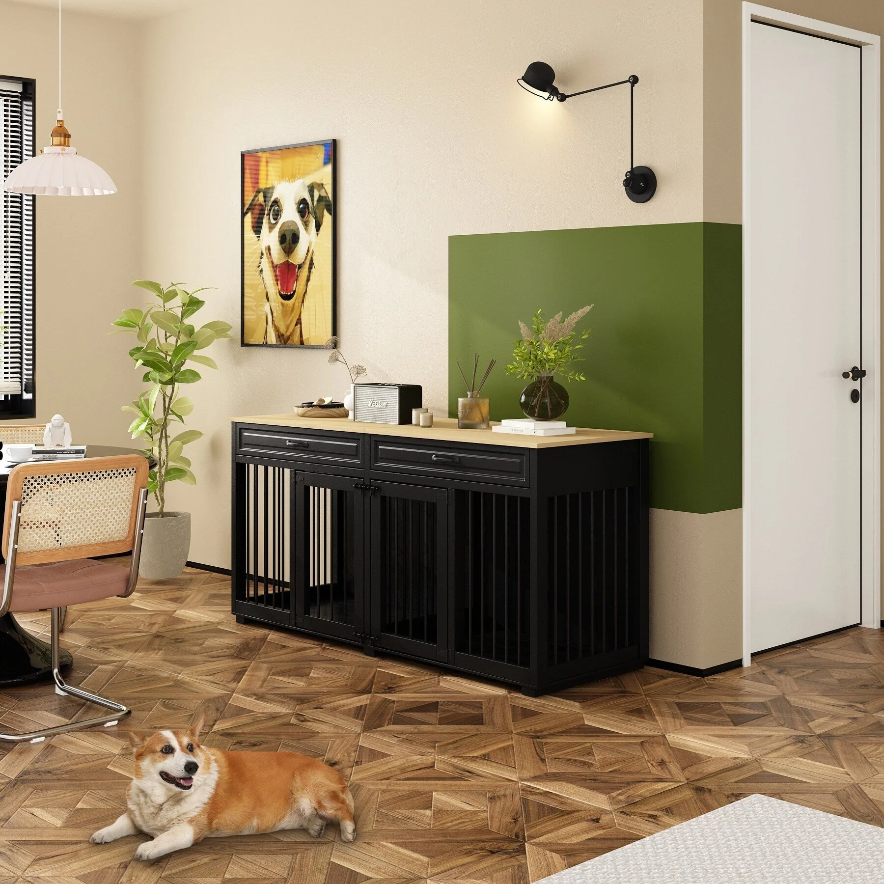 Wooden Double Dog Crate Kennel Furniture with 2 Drawers & Divider