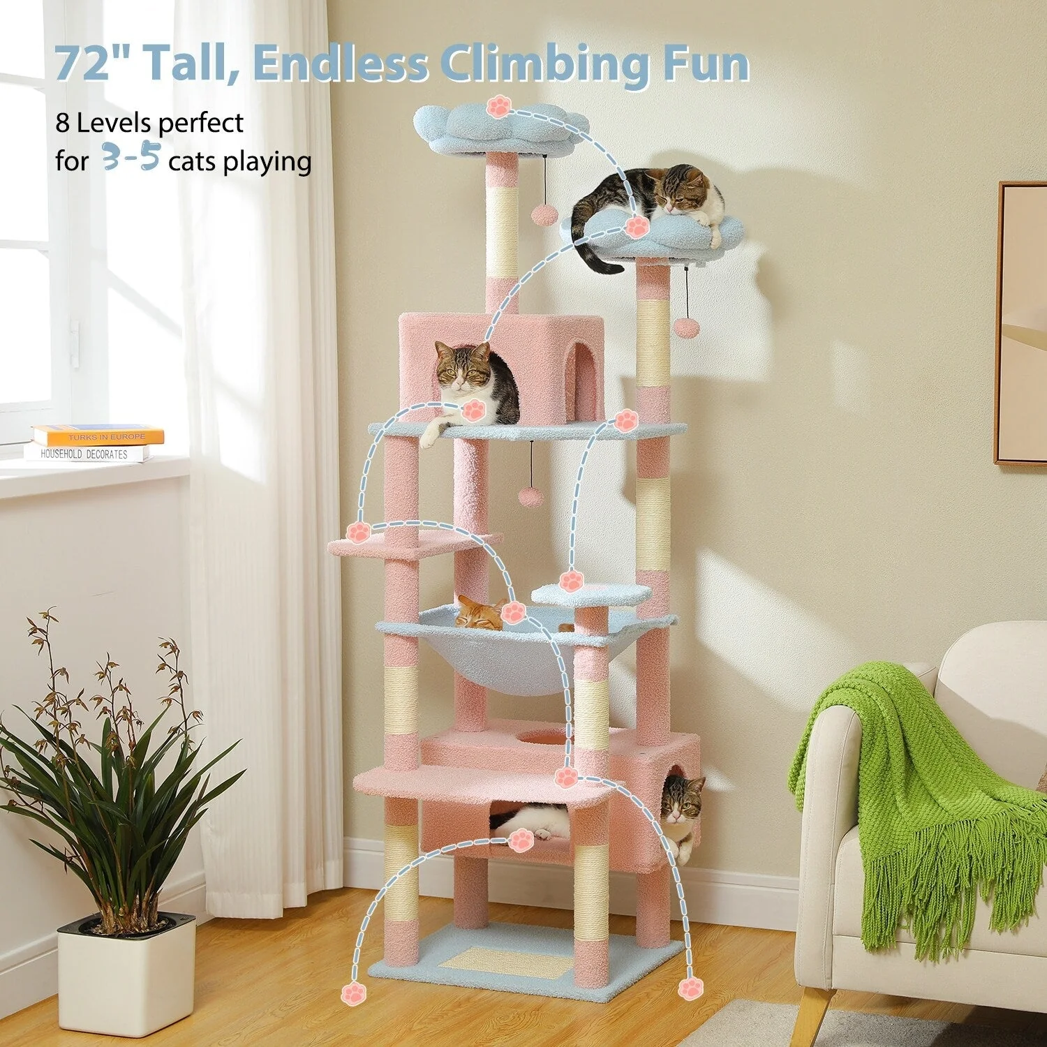 Large Cat Tower Cat Condo with Scratching Posts and Pads, 2 Padded Perch, Dual Condo and Basket