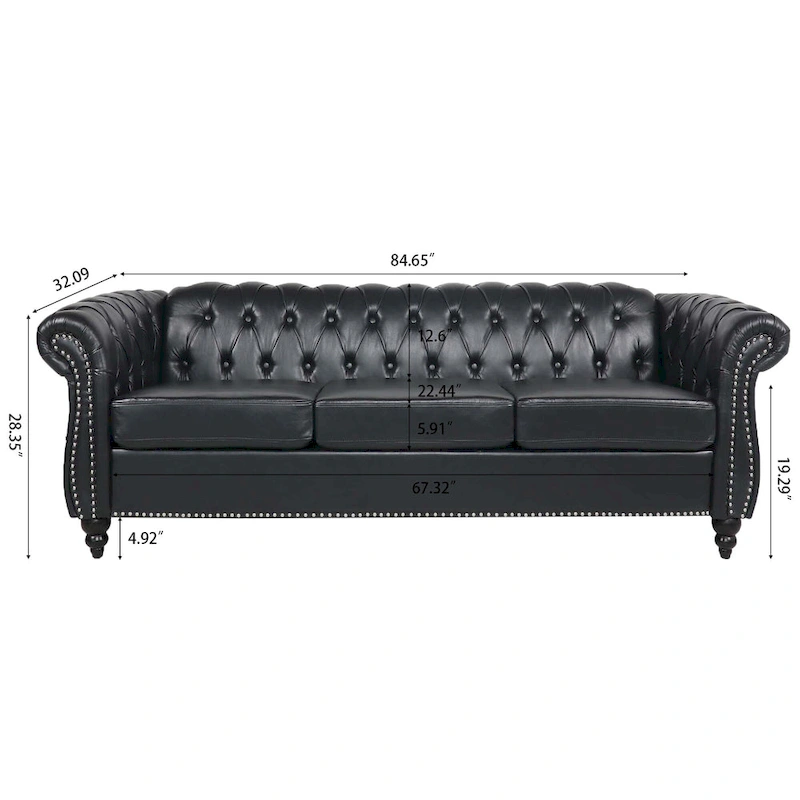 Faux Leather Rolled Arm Chesterfield Three Seater Sofa