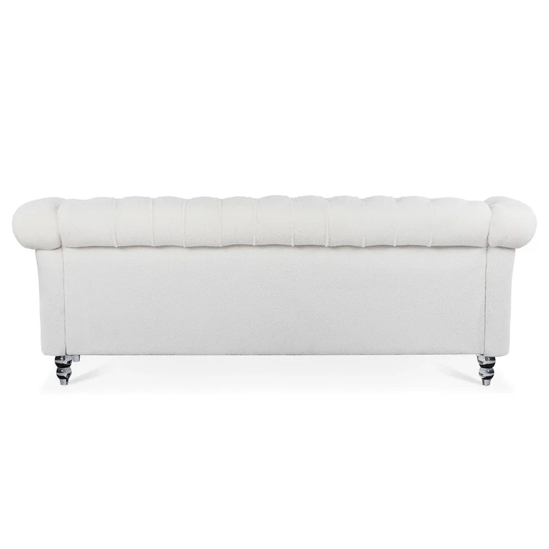 3-Seater Sofa, Button-Tufted, Rolled Arms, Nailhead Trim, Low Back, Upholstered, Seats 3, White