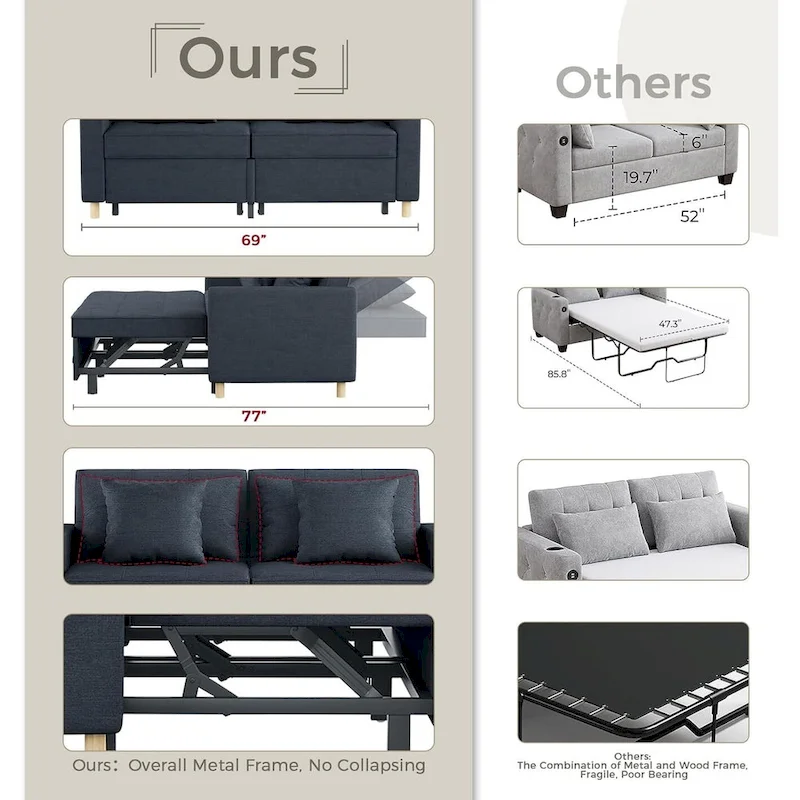 AECOJOY 3-in-1 Sofa Bed Double Sleeper Chair Bed