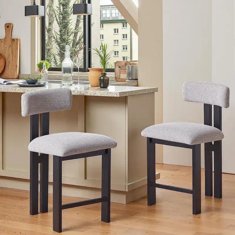 26.5 Round Upholstered Counter Stools, Set of 2 Low Back Bar Chairs with Black Metal Frame