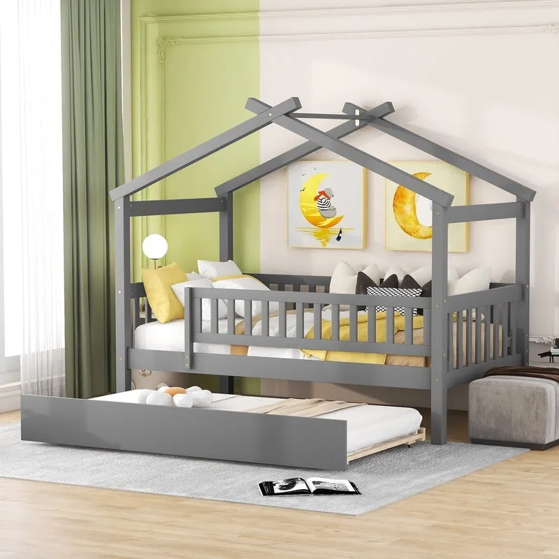 Twin Size House Bed for Kids, Wooden House Bed Twin with Trundle
