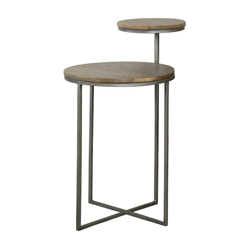 29 Inch Modern Round Accent Table, 2 Tier Brown Wood Tops, Gray Metal Base