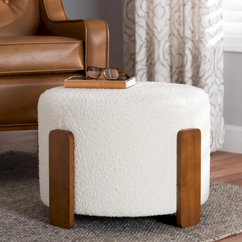 Modern Japandi Boucle Fabric and Wood Ottoman Footstool