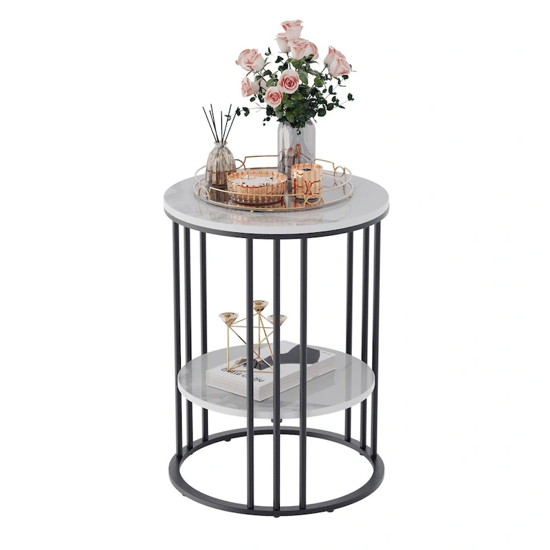 End Table 2-Tier Round Side Accent Table with Sintered Stone Tabletop - 15.7x15.7x21.3 inch